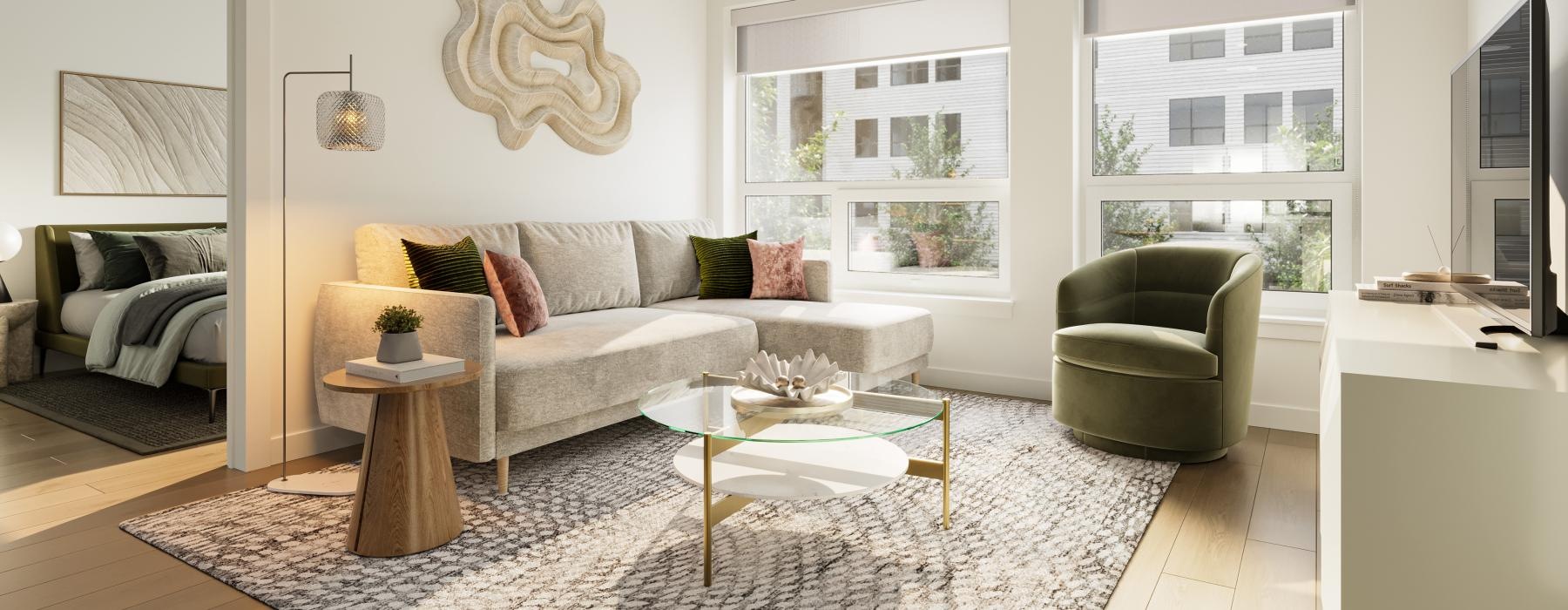 a living room with a couch and a coffee table