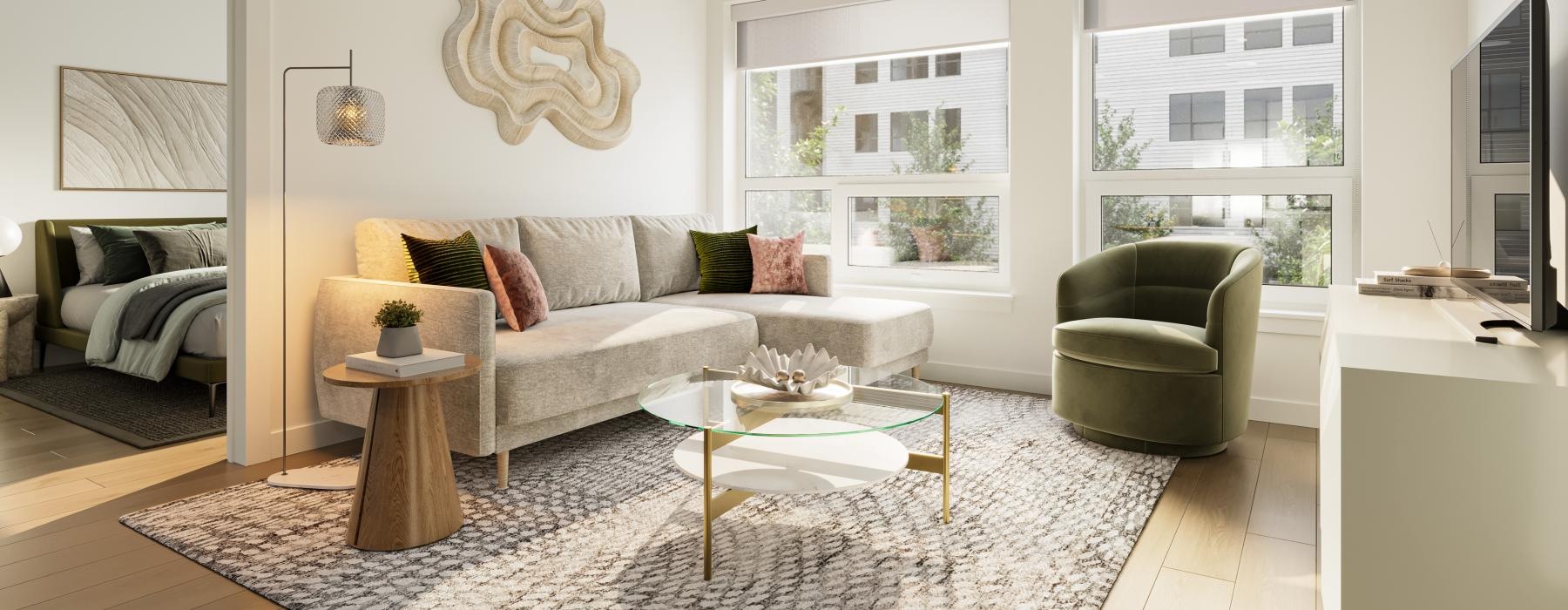 a living room with a couch and a coffee table